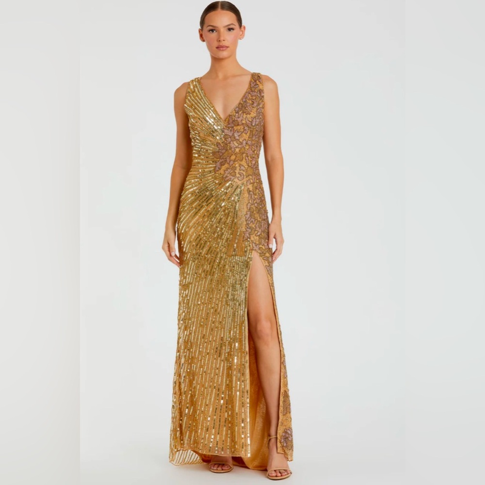 MAC DUGGAL Gold Beaded Floral Sleeveless Gown Style # 5473 size 10